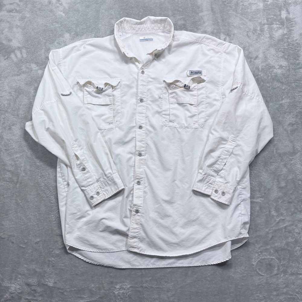 Columbia PFG Fishing Shirt Mens XXL White Long Sleeve‎ Bahama Omni-Shade UPF 30